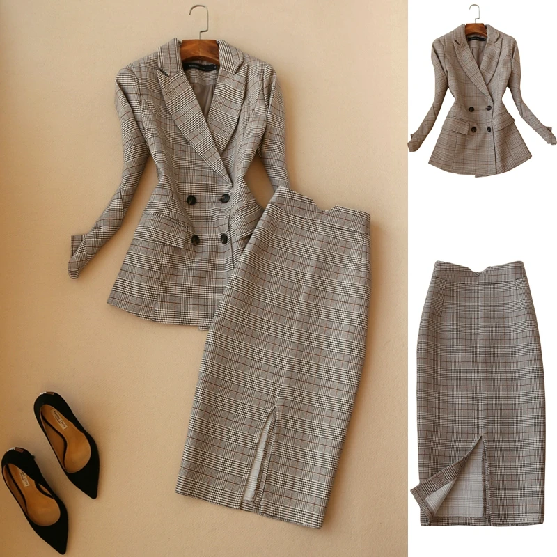 2 piece set women autumn and winter new fashion long-sleeved suit plaid temperament suit skirt office lady two-piece suit