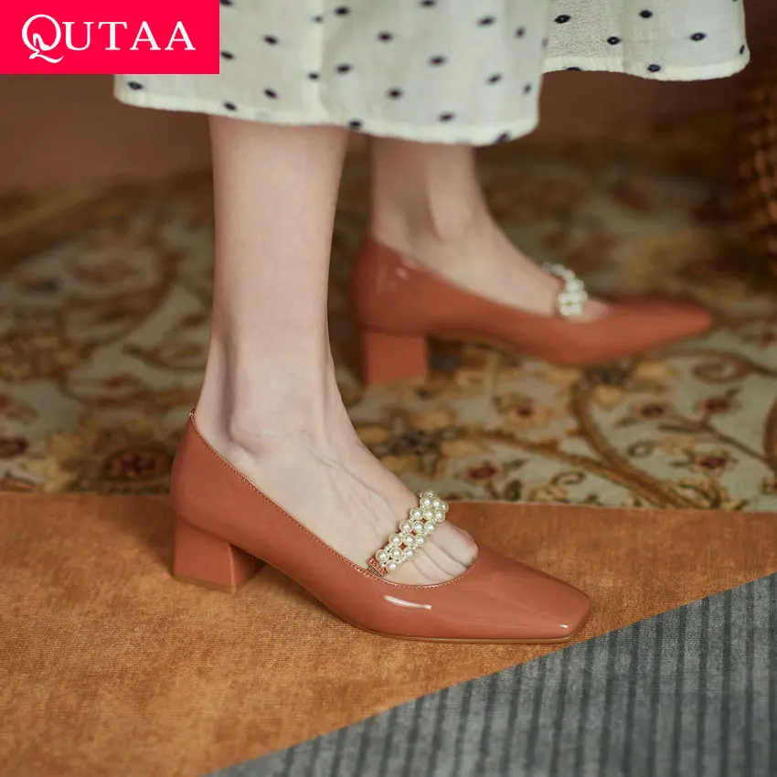 

QUTAA 2021 Spring Summer Square Toe Elegant Female Pumps Slip On Genuine Leather Square High Heel Women Shoes Size 34-40