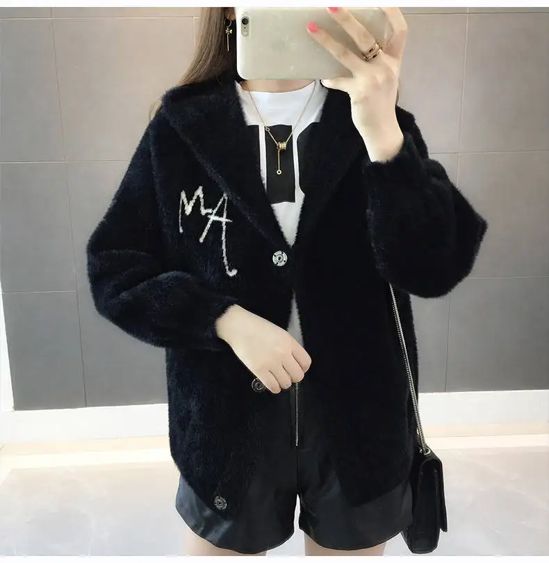 Women Mink Fur Jacket Autumn Winter Women Coat Loose Embroidered Thick Velvet Hooded Sweater Female Cardigan