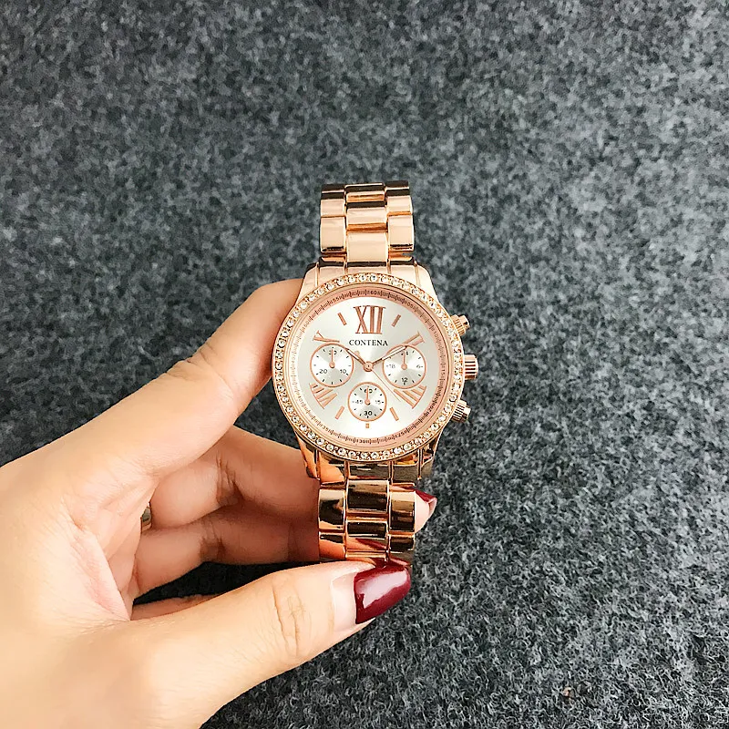 Женские наручные часы CONTENA роскошные цвета розового золота с браслетом модные