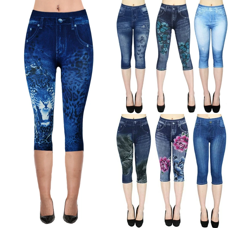 

2020 Fashion Women's Capri Leggings Imitation Jeans 3/4 Summer Skinny Butterfly Printed Jeggings Pants