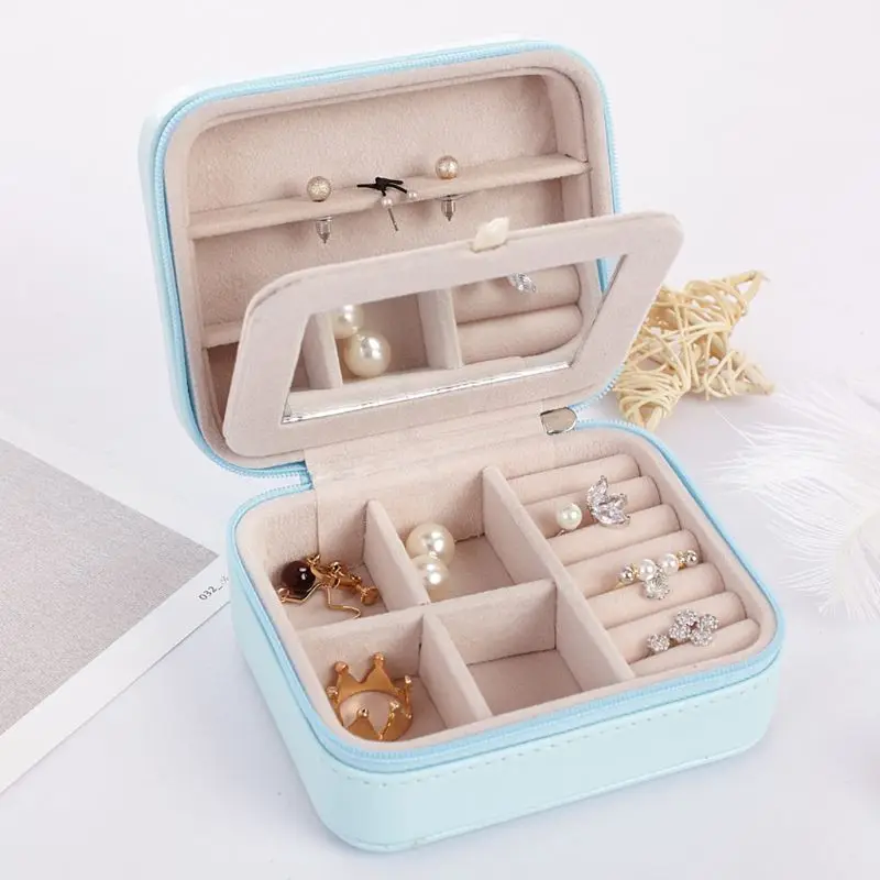 

Portable Portable Jewelry Box Zipper PU Storage Organizer Makeup Mirror Earrings Rings Hair Clips Necklace Bracelet Holder Case