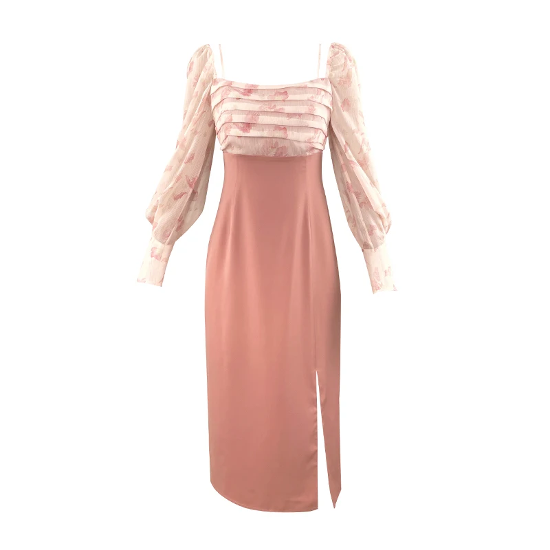 

New sweet dress female summer temperament celebrity French bubble sleeve chic design small crowd split skirt