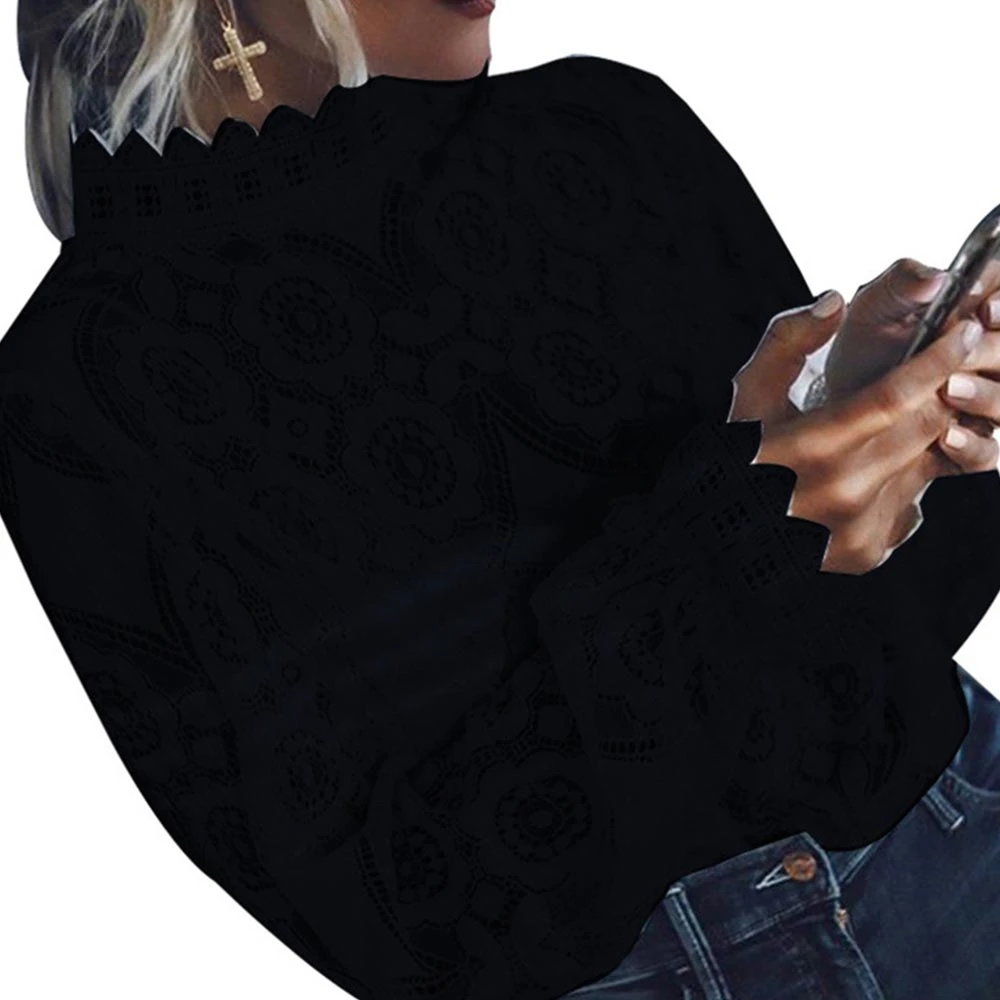 Женская блузка с длинным рукавом-фонариком белая кружевная вышивкой лето 2019 |