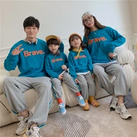 blue family clothes embroidery letter pullovers for couples pure cotton girls boy sports top family matching mum son sweater new