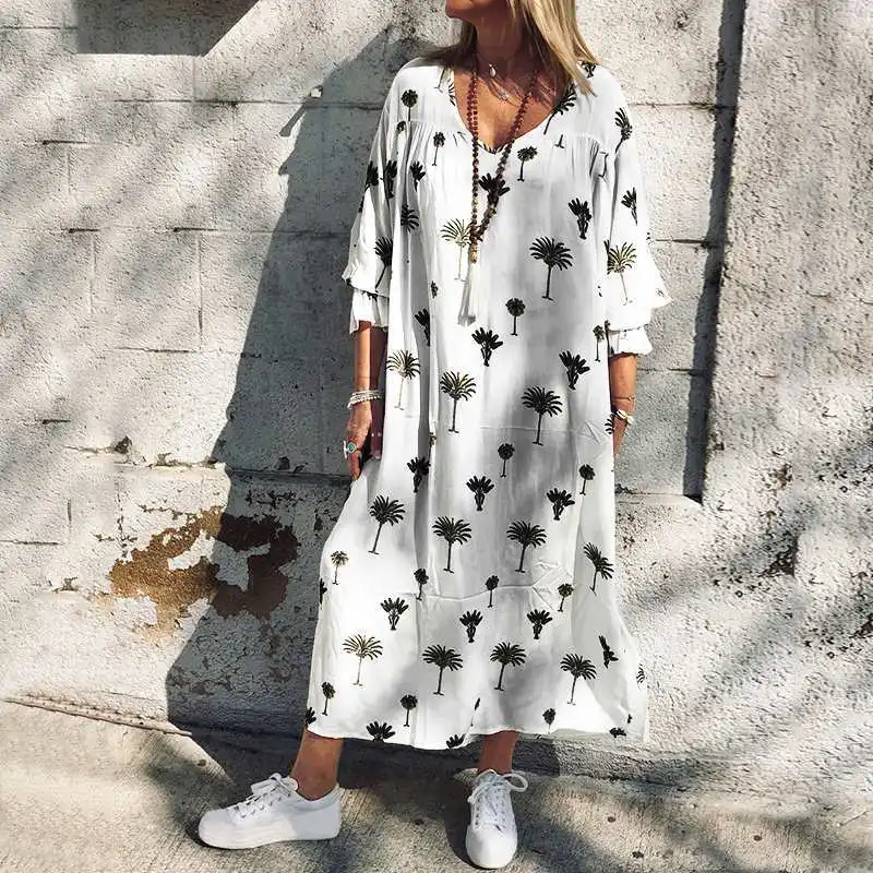 

WEPBEL Spring and Summer Beach Printing Loose Dress Women's Casual V-neck Half Sleeves Stitching Dress