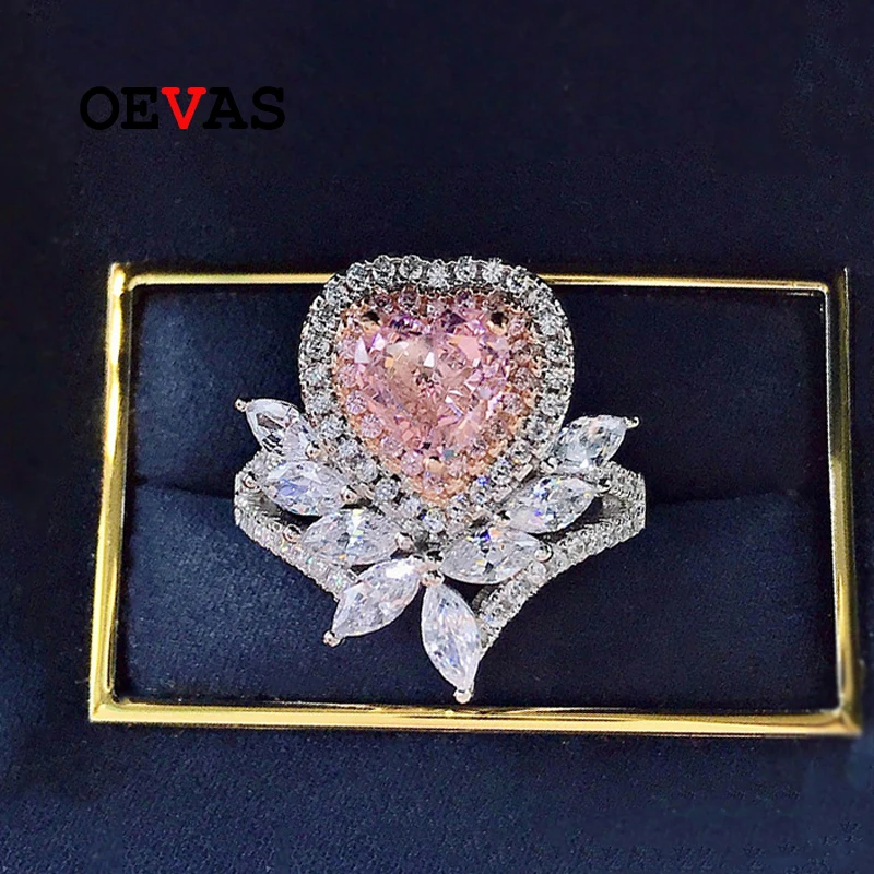 

OEVAS 100% 925 Sterling Silver 1 Carat Heart Pink High Carbon Diamond Flower Rings For Women Sparkling Wedding Fine Jewelry Gift