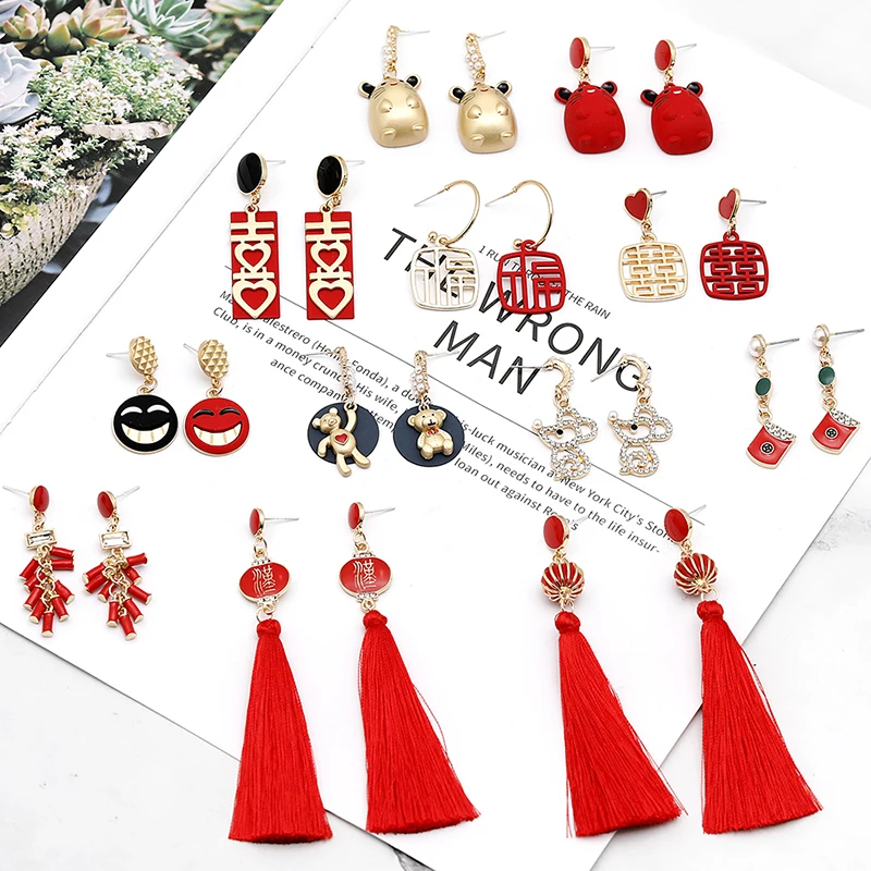 Cytheria китайские новогодние милые красные серьги гвоздики с мышкой и кисточками