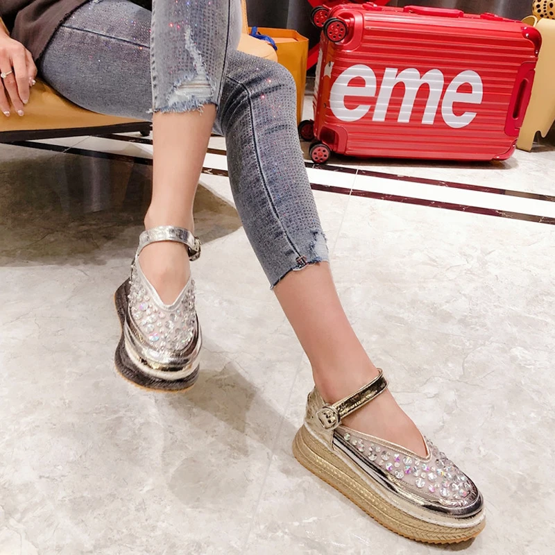 

New Autumn Women Shoes Girls Rhinestone Platform Shoes Woman Soft Shoes Ladies Fashion Shoes Female Thick Bottom Shoes Mary Jane