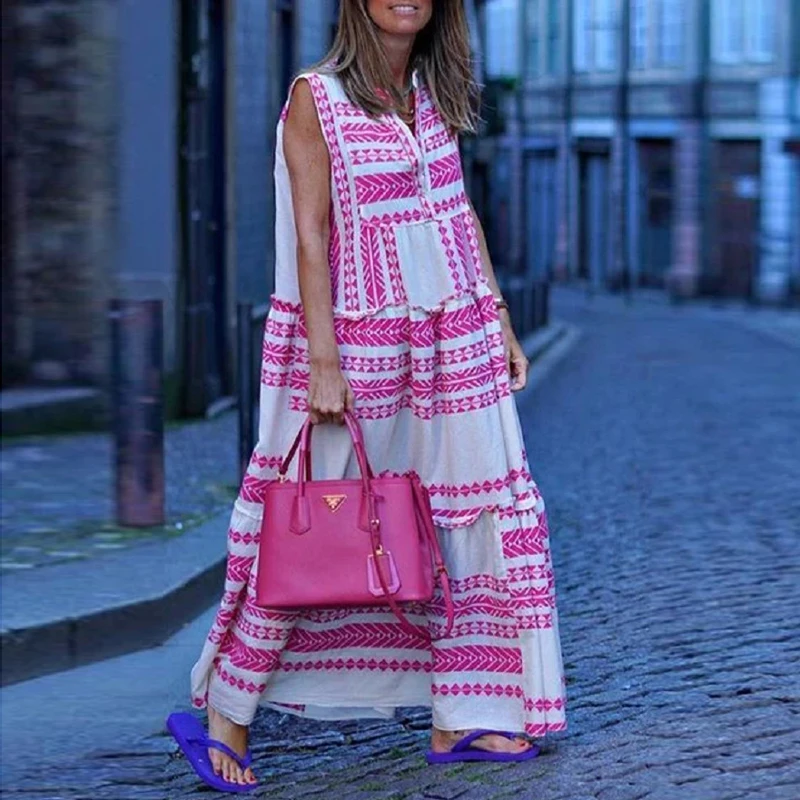 

2021Elegant Casual Summer Women Printed Long Dresses Sleeveless V Neck Boho Maxi Dress Female Bohemion Women Dress Holiday