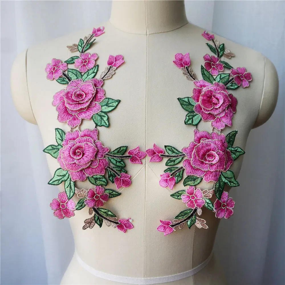 2 шт. розово красные 3D цветочные вышитые аппликации для платья кружевные тканевые