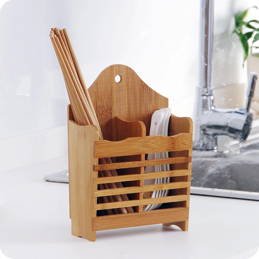 Бамбуковые двойные ряда палочки для еды держатель коробка Ложка Вилка стеллаж