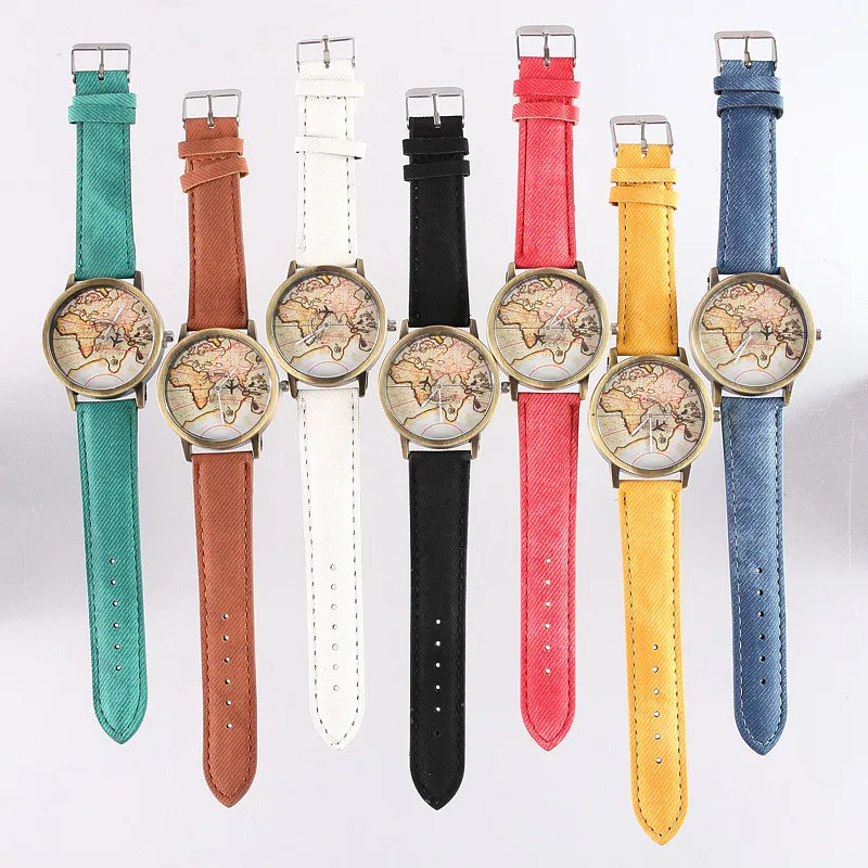 

New product recommendation leisure fashion men and women universal personality map of the world quartz Leather Watch