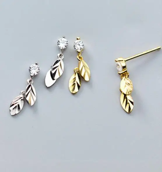 925 Sterling Silver Color 16mmX5mm Leaves CZ High Quality Stud Earrings For Girl Friend Lady Daughter Gift | Украшения и