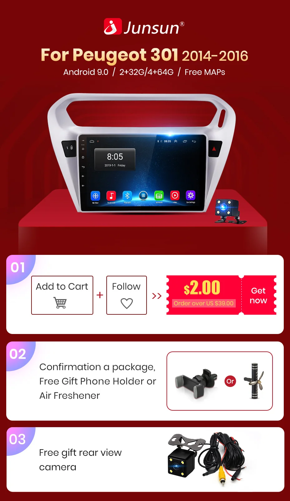 Junsun V1 2G+ 32G Android 9,0 для peugeot 301 Citroen Elysee- автомобильный Радио Мультимедиа Видео плеер навигация gps 2 din dvd