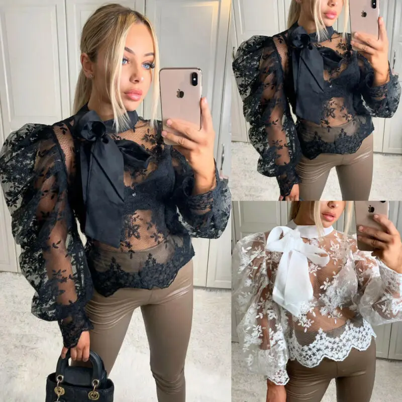 

Women Mesh Sheer Blouse See-through Long Sleeve Top Shirt Blouse Fashion Office Lace Transparent White Shirt Female Blusas