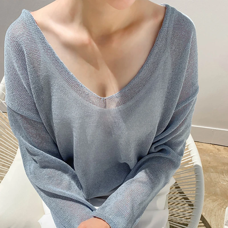 Женская Повседневная трикотажная блузка с v-образным вырезом однотонные