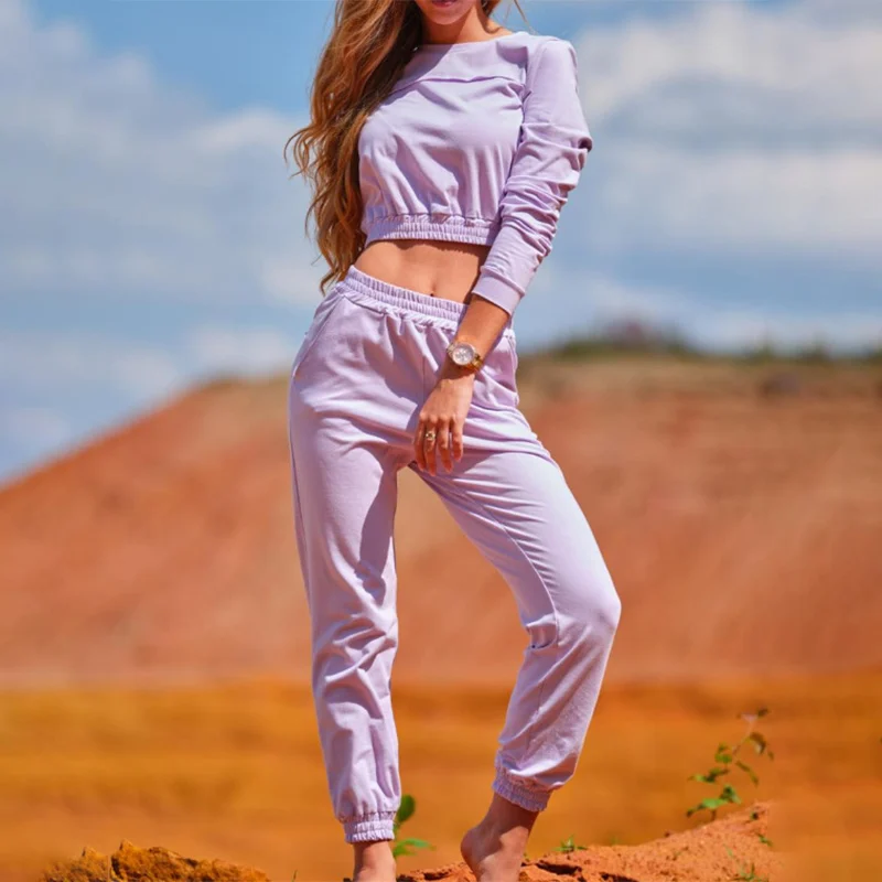 

Женский спортивный костюм из двух предметов, повседневный Укороченный свитшот с длинным рукавом и поясом на резинке, однотонный спортивный...