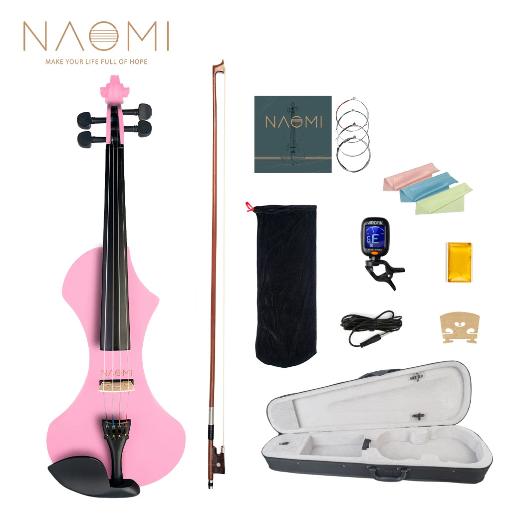 NAOMI Exquisite Pink Electric Violin 4/4 Set w/ Brazilwood Bow+Case+Bag+Rosin+Bridge+Tuner+Strings Gifts For Beginner Student