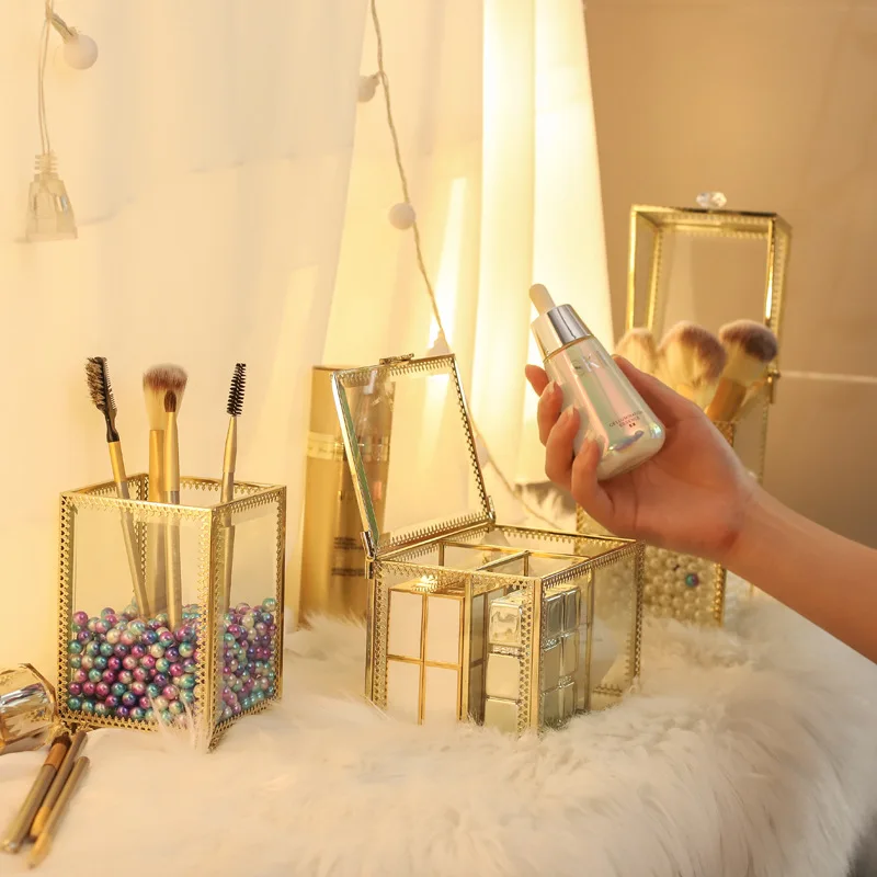 Стеклянный органайзер для косметики в золотой рамке Женский хлопковый губной