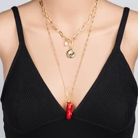 vacation style jewelry new red corallite conch shell pendant necklace for women natural freshwater pearl square choker wholesale