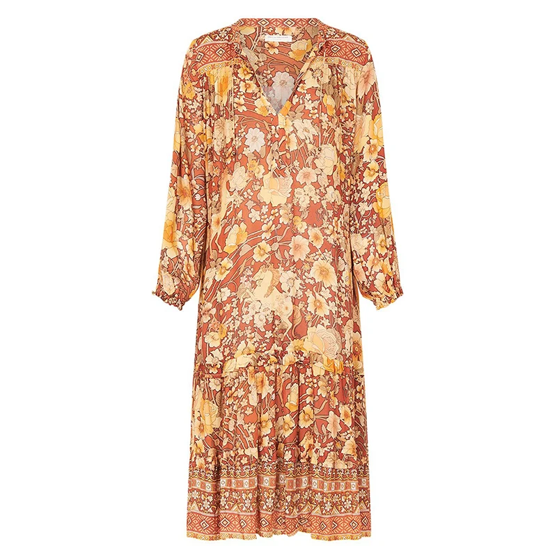 Женское винтажное длинное платье в стиле бохо с цветочным принтом и v образным
