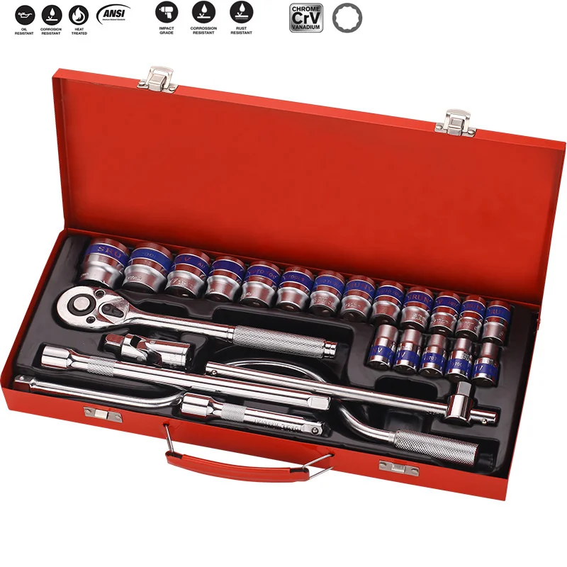 1/2Inch 24PCS Household Kit,Auto Repair Tool Set,General Hand Tools Set with Extension Rod/Socket Wrench,with Carrying Box