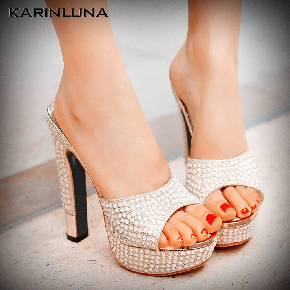 Женские вечерние туфли с жемчугом Karinluna ботинки на высоком каблуке большой