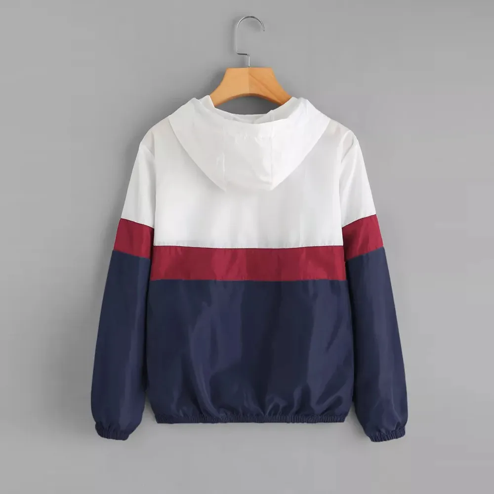 

JAYCOSIN Women jacket Long Sleeve Patchwork Thin Skinsuits Hooded Zipper Pockets Sport Coat stitching contrast hooded thin coat