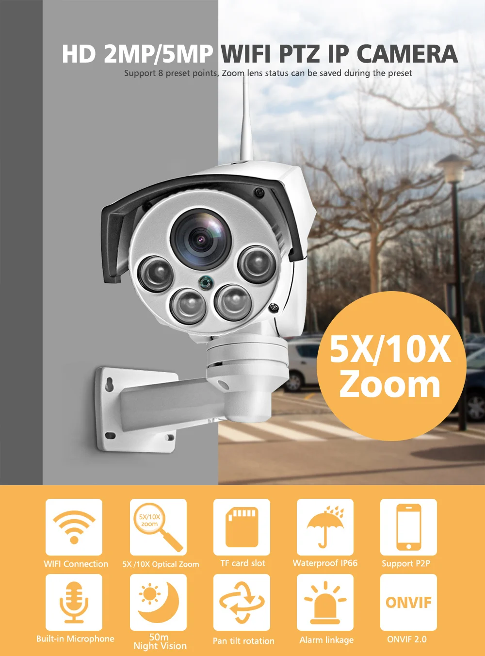 Супер HD 1080P 5MP Wifi PTZ IP камера Onvif аудио 5X 10X оптический зум 2MP CCTV камера безопасности наружная ИК 50 м P2P CamHi