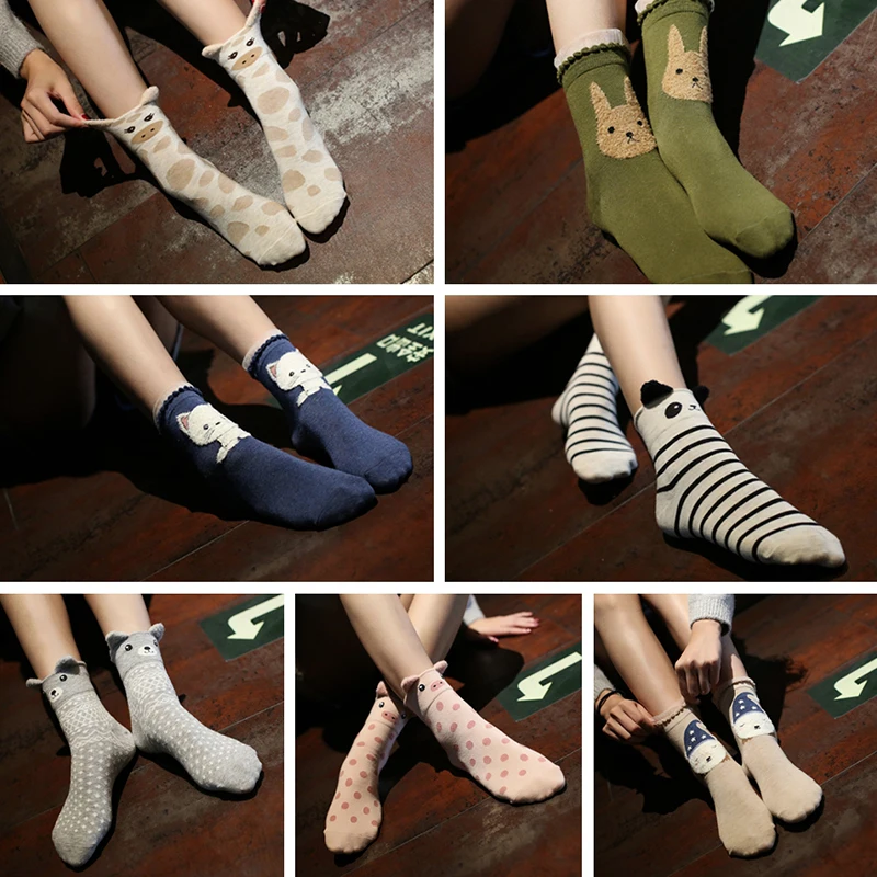 Носки женские теплые в горошек милые хлопковые розовые с мультяшным принтом