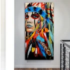 Абстрактная Картина на холсте воин женщины американская родная Девушка перо плакаты и принты Настенная картина художественный Декор без рамки