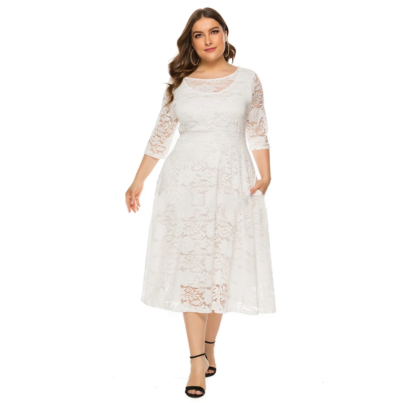 

Women's Summer European Style Retro Sexy Elegant Dress Large Size dress Long dress Hollow Lace Pocket Dress