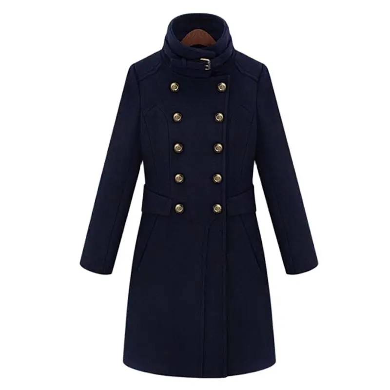Autumn Fashion Wool Coat Women's Winter Jacket Slim Solid Stand Collar Double Breasted Deep Blue Trench Clothes