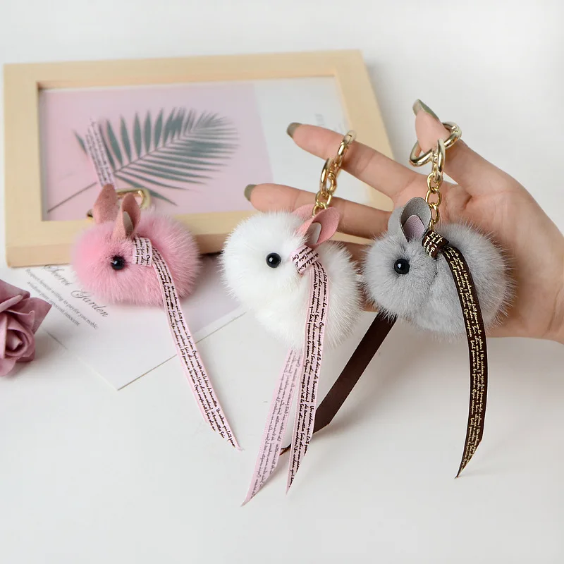 Милый кролик плюшевый автомобильный брелок сумки из меха норки подвеска