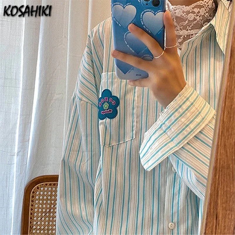 

KOSAHIKI Harajuku Letter Embroidery Short Sleeve Striped Shirt Women Long Sleeve Thin Sunproof Tops Summer Streetwear Blusas