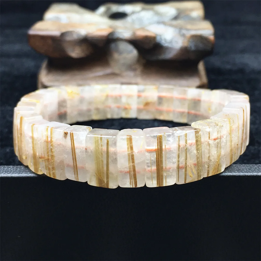 

Natural Gold Rutilated Quartz Bracelet Bangle For Women Men 12x6mm Beads Wealth Healing Stone Titanium Gemstone Stretch Jewelry