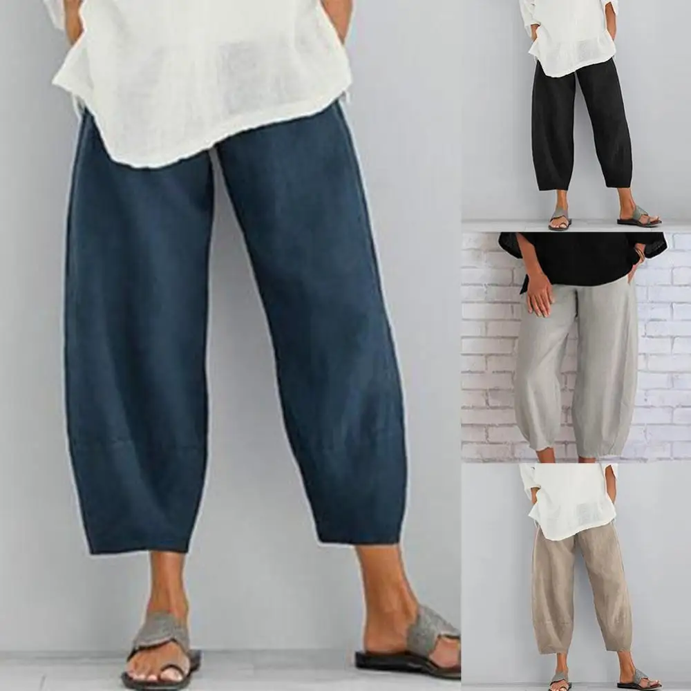 

Women Solid Color Trousers Elastic Waistband Pockets Loose Ninth Pants Baggy Trousers Summer Plus Size Loose Comfortable Pants