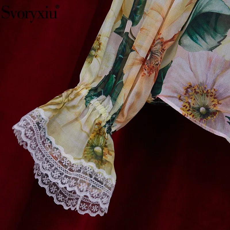 

Svoryxiu 2021 New Summer Fashion Runway Silk Flower Print Lace Blouse Shirt Women's Elegant Flared Seeves Bow Collar Blouses