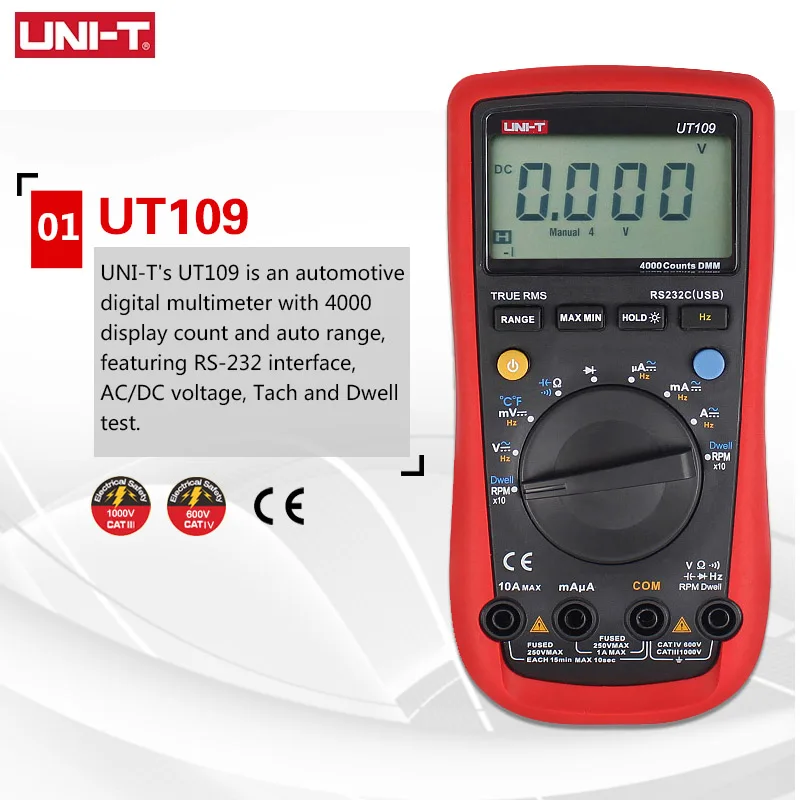 

UNI-T UT109 Handheld Automotive Multipurpose Meters Auto Range Multimeters USB PC Connect Dwell Tach LCD Backlight UT105 UT107