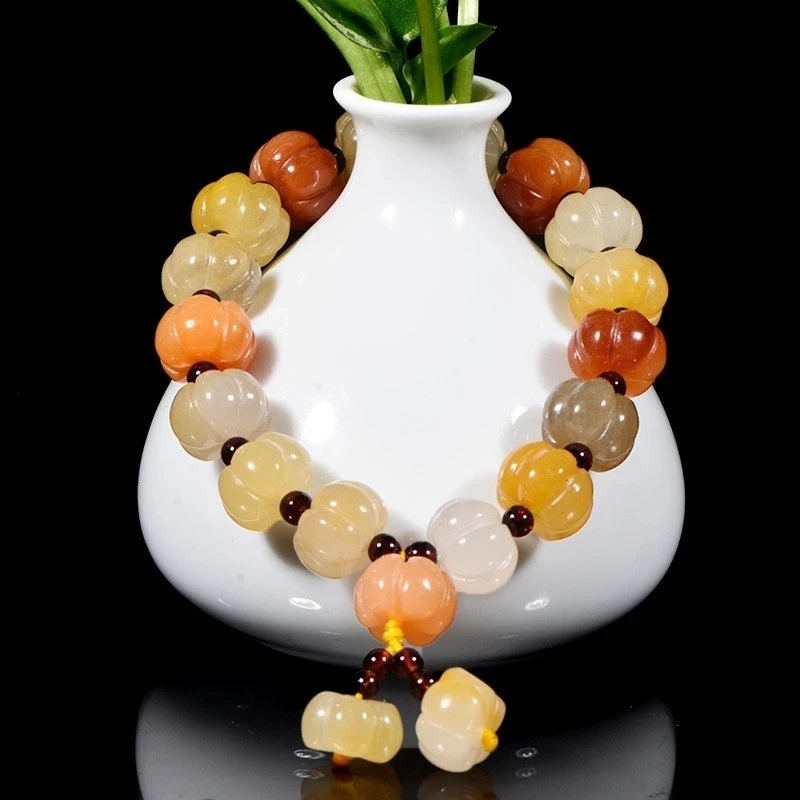 

100% Real Natural Xinjiang Hetian Bangle Handcarved Pumpkin Jade Beads Bracelet Gemstone Gift Jewelry Lucky Accessories