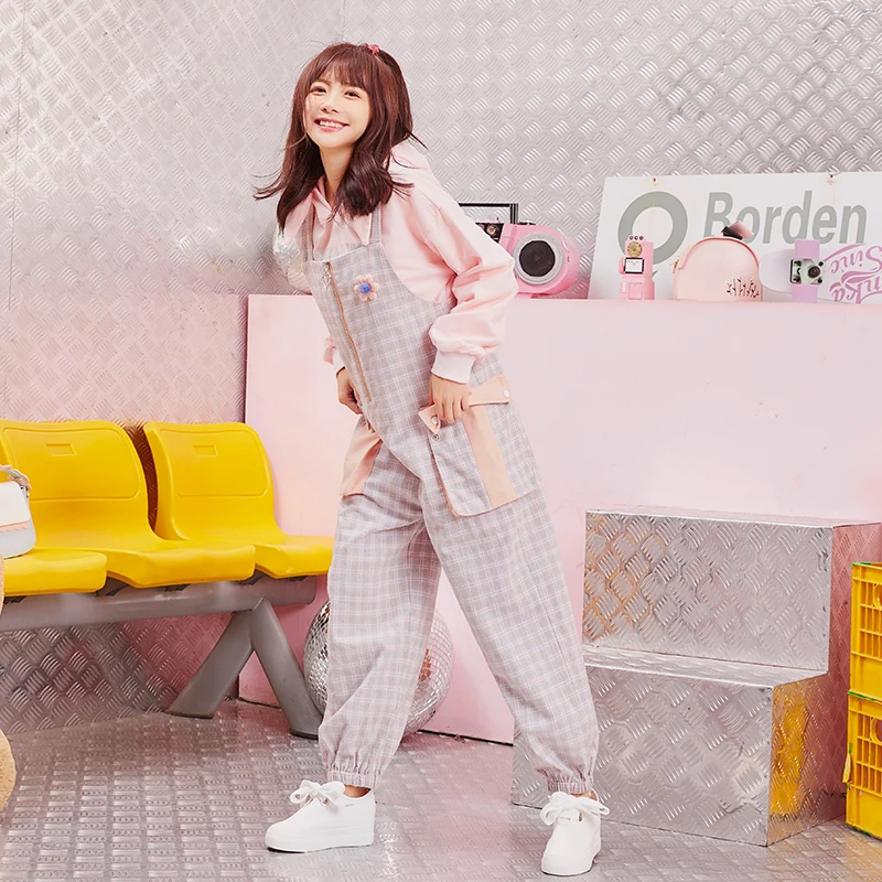 

Princess sweet lolita pants Original spring sweet college style three-dimensional pocket pink grey Plaid loose belt pants VC288