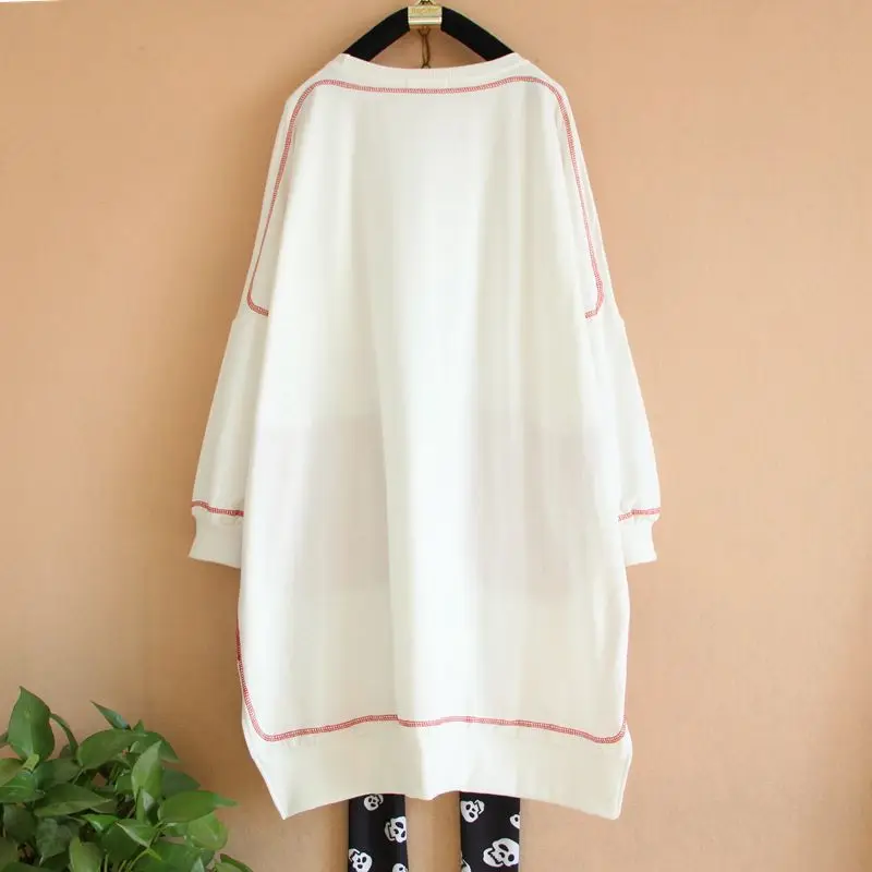 

QING MO Black White Women Spring Sweatshirt Dress 2021 Women Pocket Printed Sweatshirt Women Plus Size Dress ZQY6364