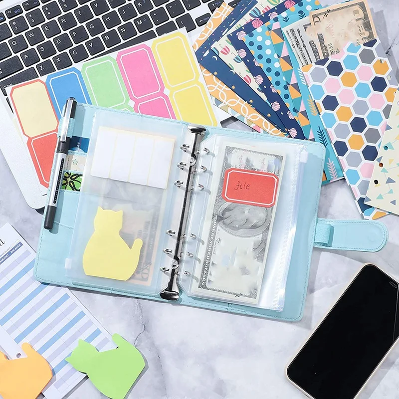 

59 Pieces A6 PU Leather Notebook Binder Set, A6 Binder Zipper Folders Dual Binder Bag Expense for School Office Home