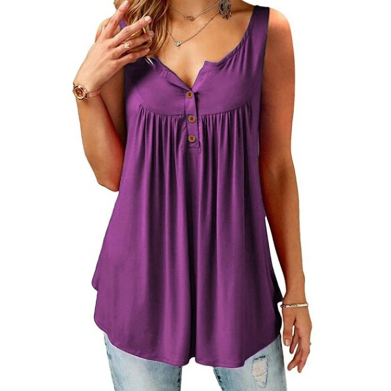 

Женская футболка с v-образным вырезом без рукавов, повседневная элегантная Однотонная футболка на пуговицах, топы для женщин размера плюс, о...