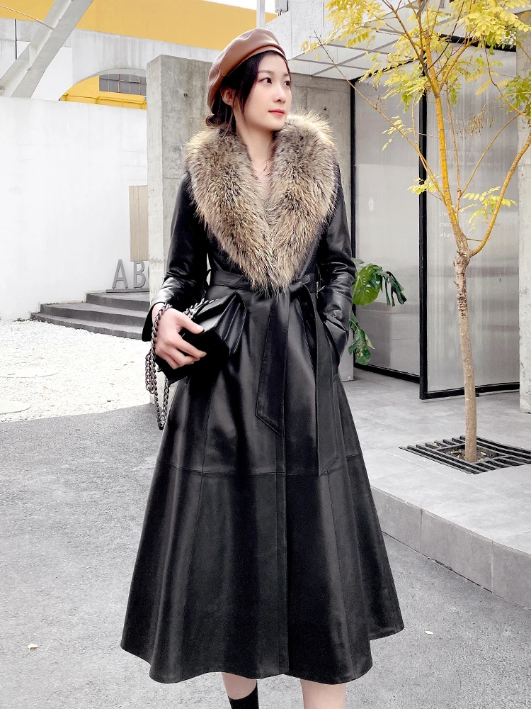 Женский длинный пуховик из 2021 натуральной кожи пальто овечьей с меховым
