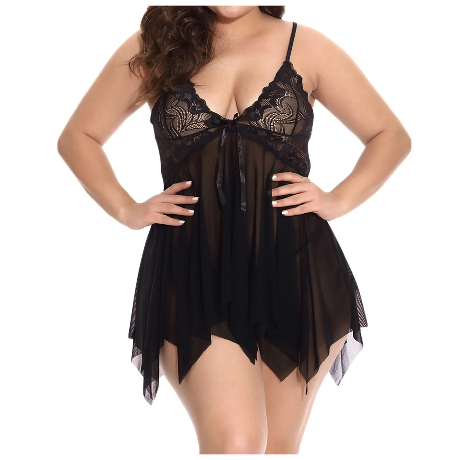 

Женское сексуальное нижнее белье размера плюс 5XL, Эротическая Пижама, женская ночная сорочка с V-образным вырезом, кружевное Прозрачное цвет...