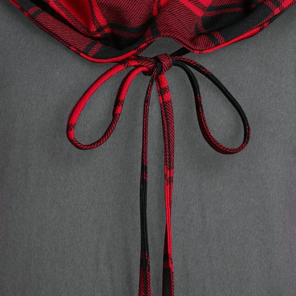 Зимнее платье с капюшоном для женщин принт в клетку длинный рукав повязка