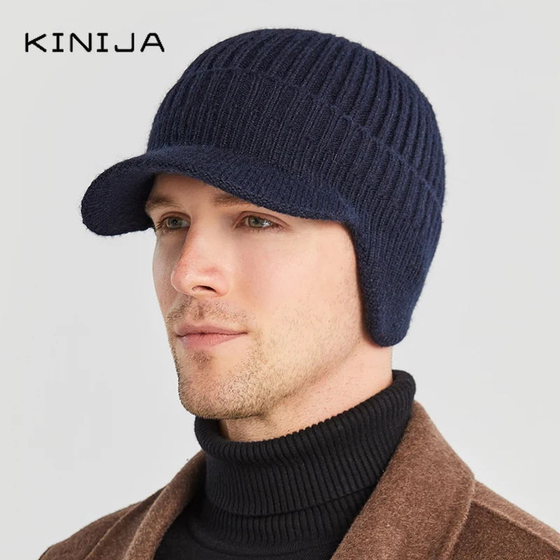Men Winter Knitted Ear Protection Cap Wool Beanies Bonnet Earflap Hat Short Brim Outdoor Cycling Ski Warm Cap 2021 Caps for Men