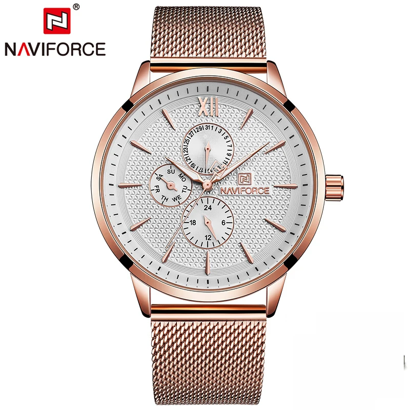 Rose Gold White NAVIFORCE Лидирующий бренд, роскошные часы для мужчин, золотые кварцевые часы для мужчин, деловые мужские часы, повседневные полностью стальные часы, мужские часы, мужские часы - Цвет: Rose Gold White
